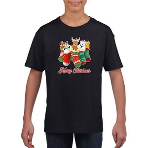 Zwart kerst shirt  / kerstkleding Merry Christmas dieren kerstsokken voor kinderen