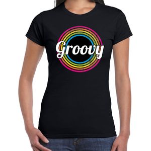 Groovy verkleed t-shirt zwart voor dames - 70s, 80s party verkleed outfit