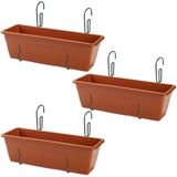 3x stuks hangende reling Plantenbak terracotta 50 x 17 x 15 cm met kunststof beugels