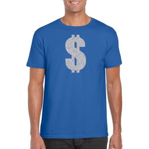 Verkleedkleding gangster / zilveren dollar t-shirt blauw voor heren