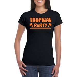 Bellatio Decorations Tropical party T-shirt dames - met glitters - zwart/oranje -carnaval/themafeest