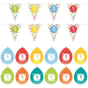 Leeftijd verjaardag 4 jaar geworden feestpakket vlaggetjes/ballonnen