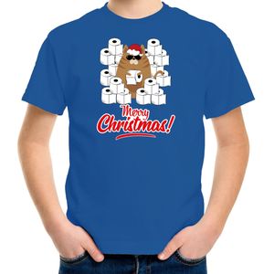 Blauw  Kerst shirt/ Kerstkleding hamsterende kat Merry Christmas voor kinderen