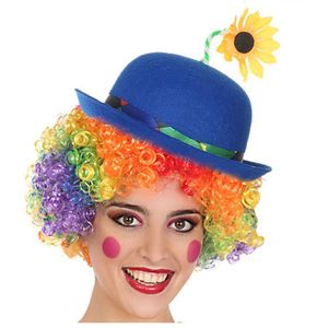 Clown verkleed set gekleurde pruik met bolhoed blauw met bloem