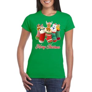 Foute kerstborrel t-shirt groen kerstsokken met diertjes voor dames