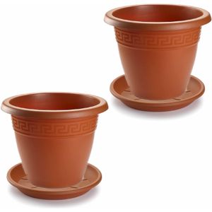 3x stuks bloempotten met onder opvangschaal in terra cotta kleur - rond diameter 35 cm - Plantenpotten/bakken