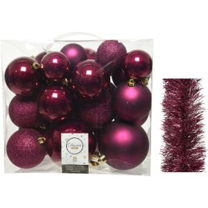 Kerstversiering kunststof kerstballen 6-8-10 cm met folieslingers pakket framboos roze van 28x stuks