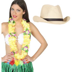 Carnaval verkleedset - Tropical Hawaii party - stro cowboy hoed - en volle bloemenslinger geel