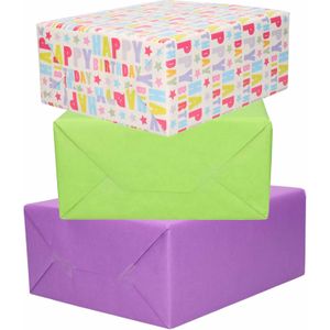 3x Rollen kraft inpakpapier paars/groen/happy birthday 200 x 70 cm