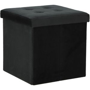 H&amp;S Collection Poef/hocker/krukje - opbergbox - zwart - fluweel polyester - 38 x 38 cm