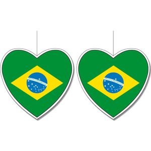 2x stuks brazilie vlag hangdecoratie hartjes vorm karton 14 cm
