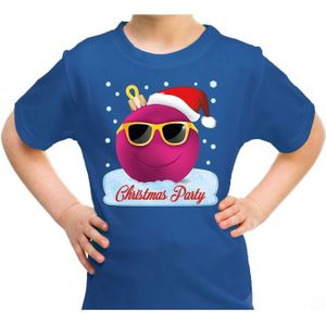 Blauw t-shirt / kerstkleding coole roze kerstbal christmas party voor kinderen