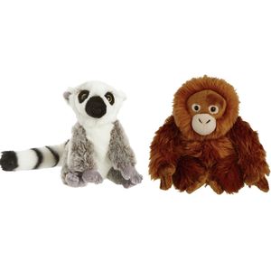 Apen serie zachte pluche knuffels 2x stuks - Maki aap en Orang Utan aap van 18 cm