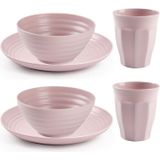 Plasticforte Camping Servies set - kunststof - roze - 4x borden/4x drinkbekers/4x kommetjes