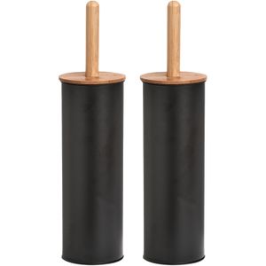 Zeller WC/Toiletborstel in houder metaal/bamboe hout - 2x stuks - zwart - 38 x 10 cm
