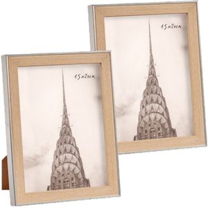 2x stuks kunststof fotolijst zilver met hout geschikt voor een foto van 15 x 20 cm