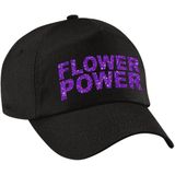 Paarse glitter letters flower power verkleed pet/cap zwart volwassenen
