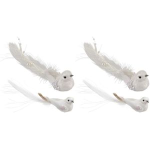 Witte vogeltjes op clip decoratie 4 stuks