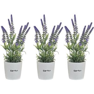 Items Lavendel bloemen kunstplant in bloempot - 3x - paarse bloemen - 10 x 36 cm - bloemstuk