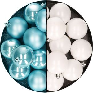 Kerstballen 24x stuks - mix winter wit en ijsblauw - 6 cm - kunststof