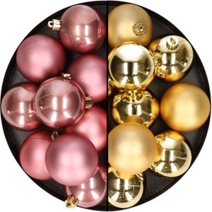 24x stuks kunststof kerstballen mix van goud en oudroze 6 cm