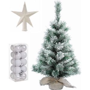 Kunst kerstboom met sneeuw 35 cm in jute zak inclusief witte versiering 21-delig