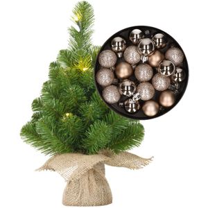 Mini kerstboom/kunstboom met verlichting 45 cm en inclusief kerstballen champagne - Kerstversiering