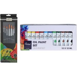 Artist &amp; Co Acrylverf schilderset - 12x gekleurde tubes van 12 ml - met 7x schilderpenselen