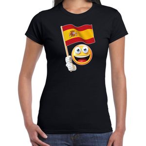 Spanje fan shirt met smiley en Spaanse zwaaivlaggetje zwart voor dames