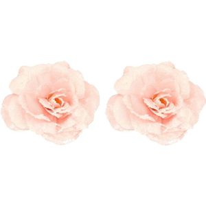 2x Kerst hangdecoratie op clip roze bloempje/roosje 12 cm