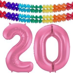 Leeftijd feestartikelen/versiering grote folie ballonnen 20 jaar glimmend roze 86 cm + slingers