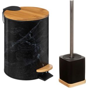 Badkamer/toilet accessoires set - WC-borstel in houder en prullenbak - zwart - bamboe - 3 liter