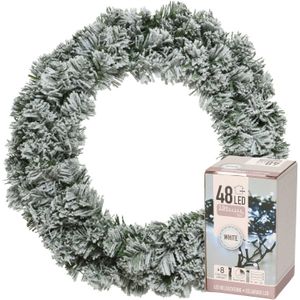 Kerstkrans groen met sneeuw 35 cm incl. verlichting helder wit 4m