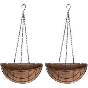 2x stuks metalen hanging baskets / plantenbakken halfrond zwart met ketting 37 cm - hangende bloemen