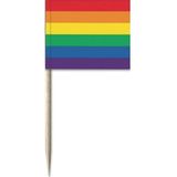 150x Vlaggetjes prikkers gekleurde regenboogvlag 8 cm hout/papier