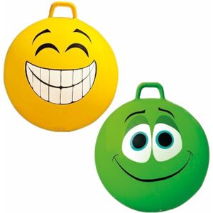 2x stuks speelgoed Skippyballen met funny faces gezicht geel en groen 65 cm