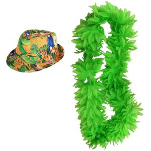 Hawaii thema party verkleedset - Hoedje Tropical print - bloemenkrans neon groen- Tropical toppers