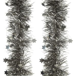 2x stuks lametta kerstslingers met sterretjes antraciet (warm grey) 270 x 10 cm