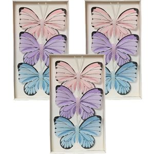 Decoris decoratie vlinders op draad - 9x - gekleurd - 8 x 6 cm