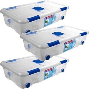 3x Opbergboxen/opbergdozen met deksel en wieltjes 30 liter kunststof transparant/blauw - 73 x 41 x 17 cm - Opbergbakken