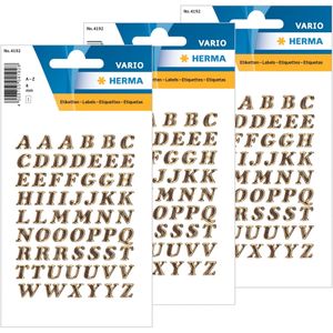 3x Stickervelletjes met 61x stuks plak letters alfabet A tot Z goud/folie 8 mm