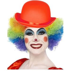 Clown verkleed set gekleurde pruik met bolhoed rood