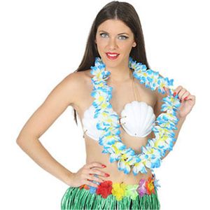 Atosa Hawaii krans/slinger - Tropische kleuren mix blauw/wit - Bloemen hals slingers - verkleed accessoires