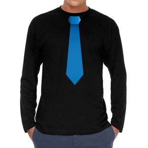 Zwart long sleeve t-shirt zwart met blauwe stropdas bedrukking heren