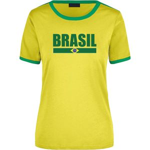 Brasil supporter ringer t-shirt geel met groene randjes voor dames - Brazilie supporter kleding