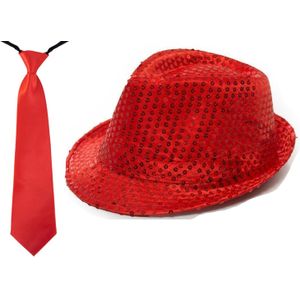 Carnaval verkleed set glitter hoed en stropdas rood
