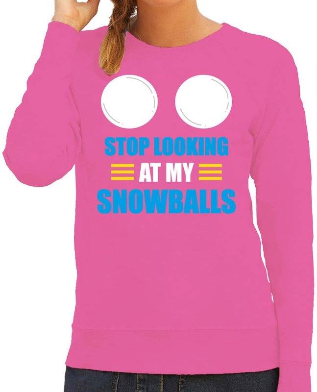 Bellatio Decorations Apres ski sweater dames - stop looking at my snowballs - roze - wintersport