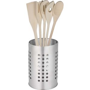 5Five Keukengerei kooklepels spatels set 5-delig - bamboe - in zilver rvs houder van 17 cm