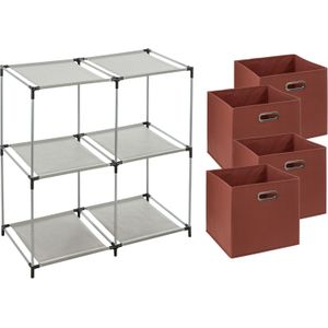 5Five Kastmandjes/opberg manden - steenrood - 4x stuks van 29 Liter - Metalen rekje is 67 x 68 cm