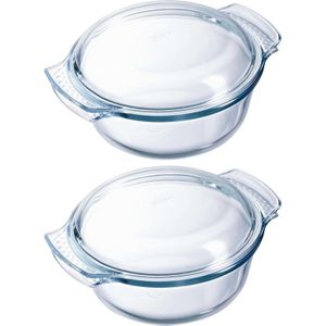 Pyrex Ovenschaal/braadslede 1,3 liter - 2x - rond met deksel - glas - 18 x 10 x 21 cm